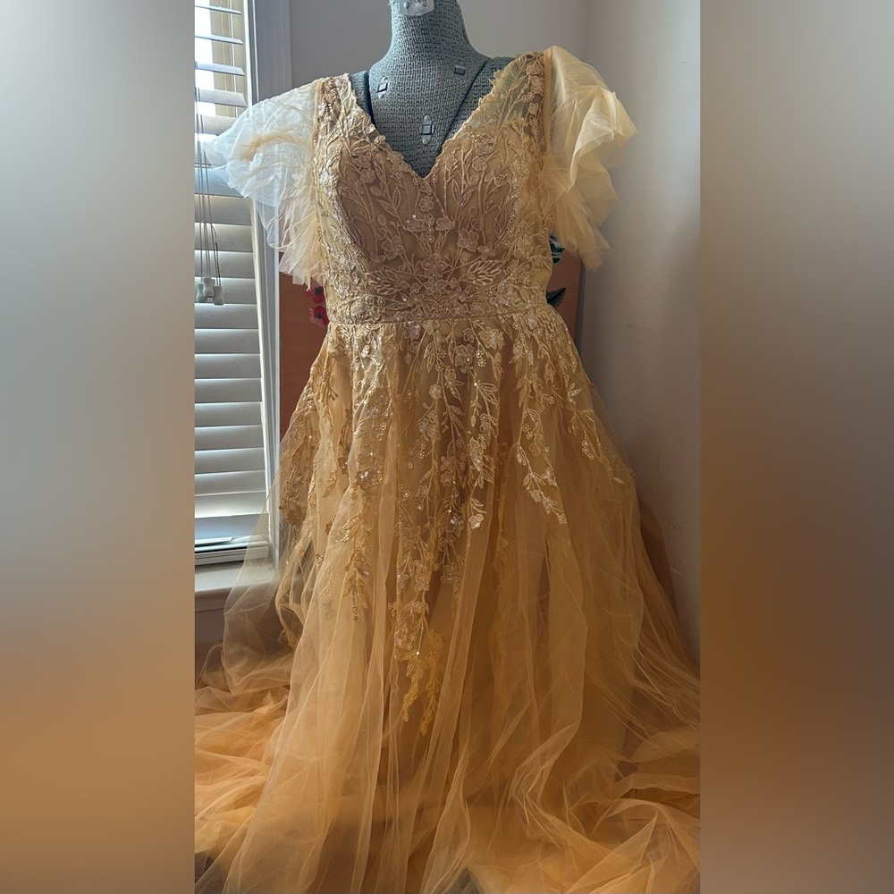 NWT JJ’s HOUSE GOLD EVER PRETTY SEQUIN, TULLE, LACE APPLIQUE’ Sz16. STUNNING! - Picture 2 of 11